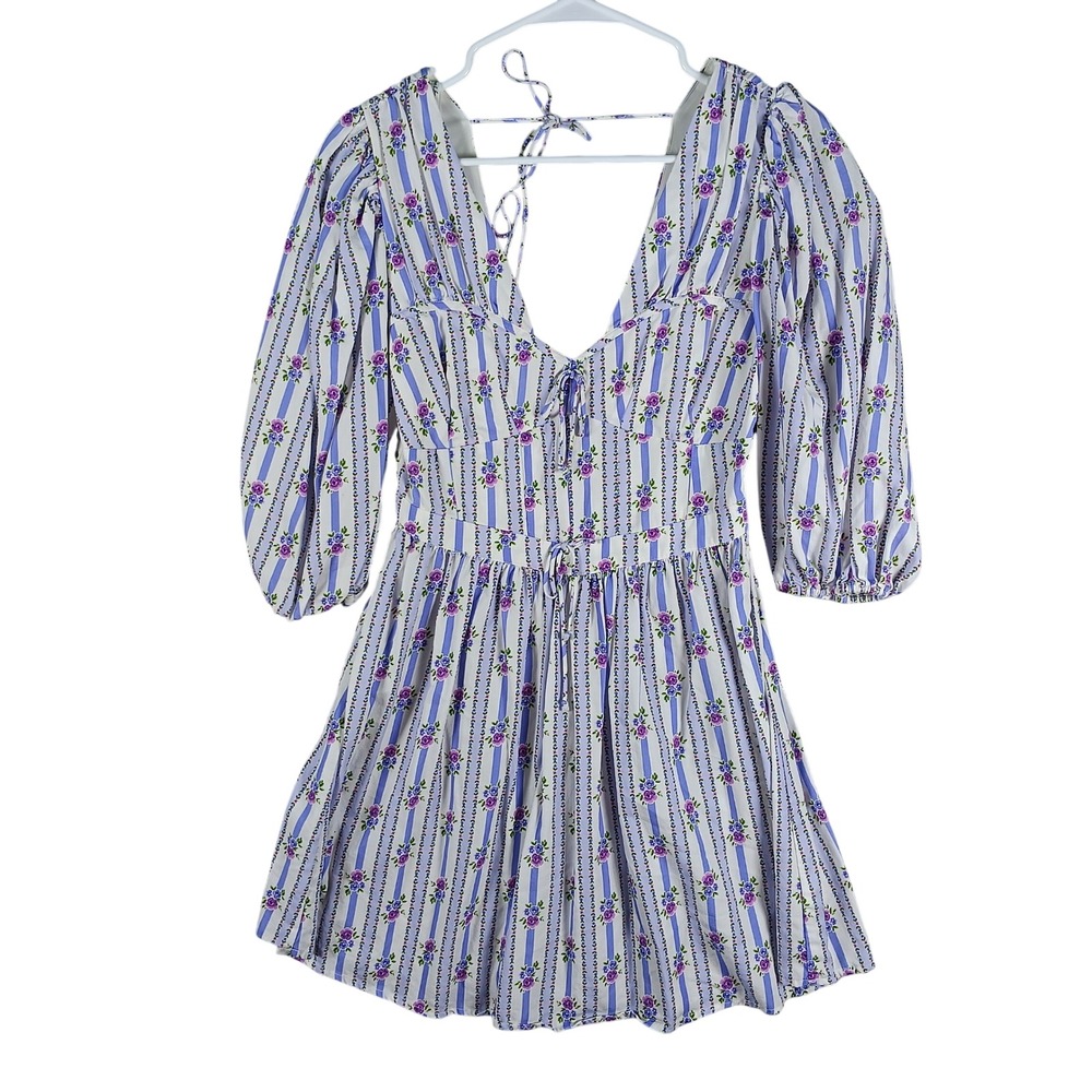 For Love & Lemons Mini Dress Small Blue Connie Floral Stripe Puff Sleeve V-Neck